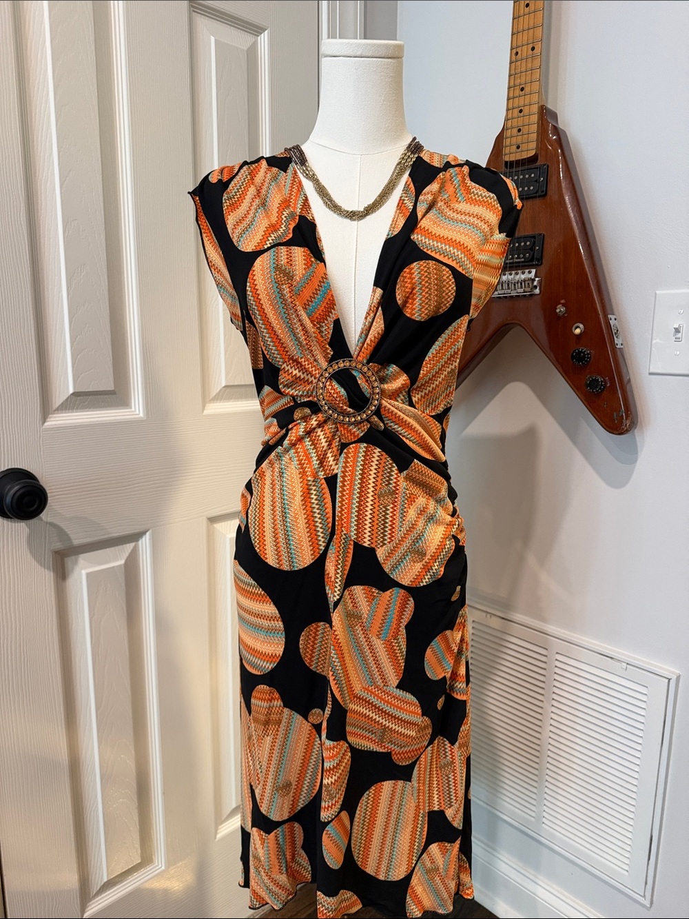 XOXO Black Midi Dress with Orange Geo Circle Print and Waist Ring